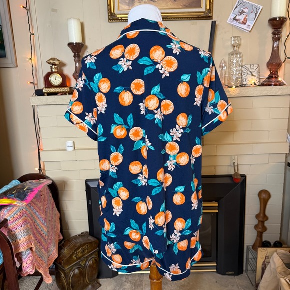Joyspun Pajama Set Women Large 12-14 Navy Orange Citrus Print Short Sleeve Set - Picture 4 of 13